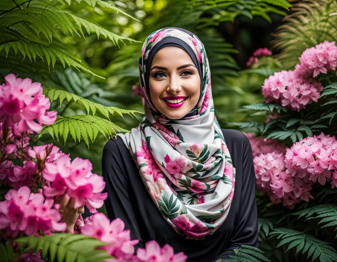 Smiling Woman in Botanic Garden with Rhododendron
