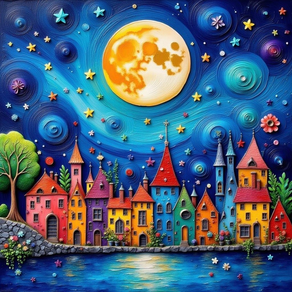 Whimsical Fantasy Night Scene in Mixed Media Style