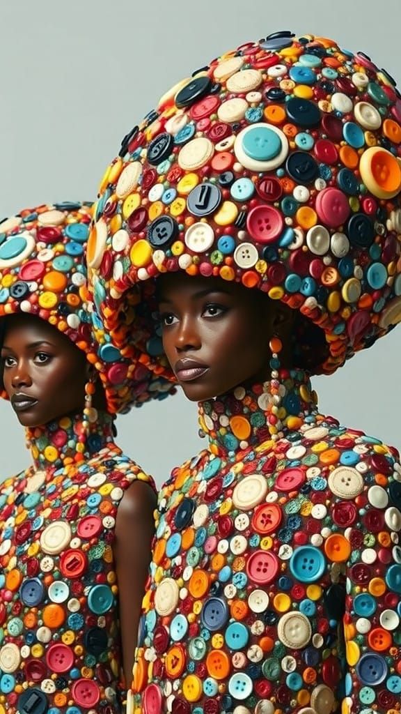 Three Women in Bold, Button-Mosaic Hats, in a Serialist Art...