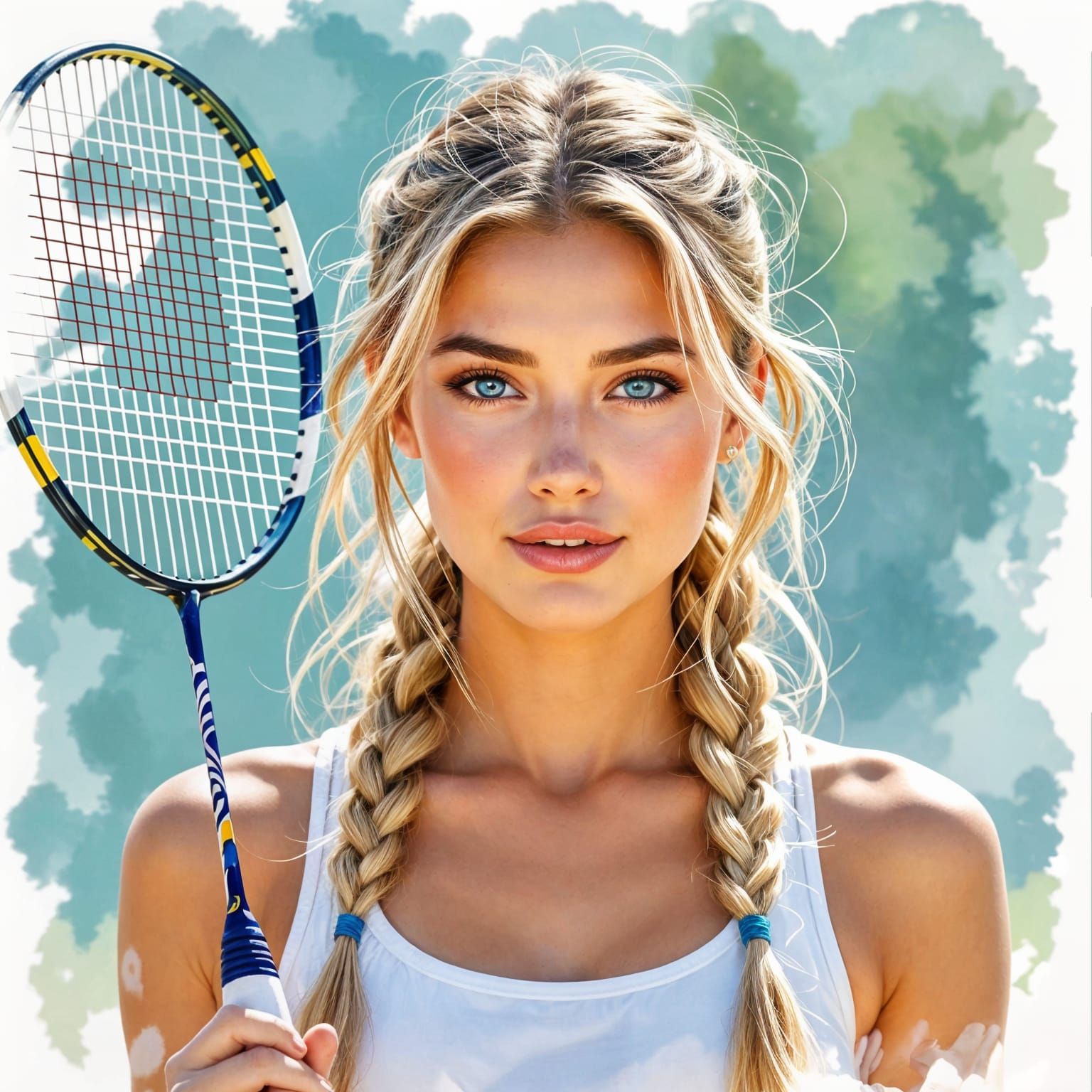 Beautiful Woman Playing Badminton in Watercolour