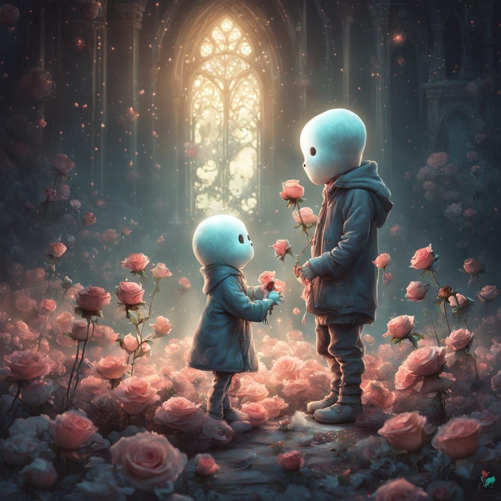 Cute Ghost Couple Proposing with Roses in Fantasycore Style