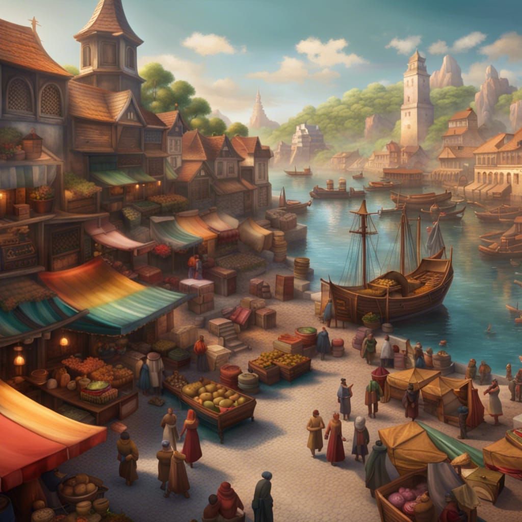Lively Fantasy Harbor Market in Matte Painting Style