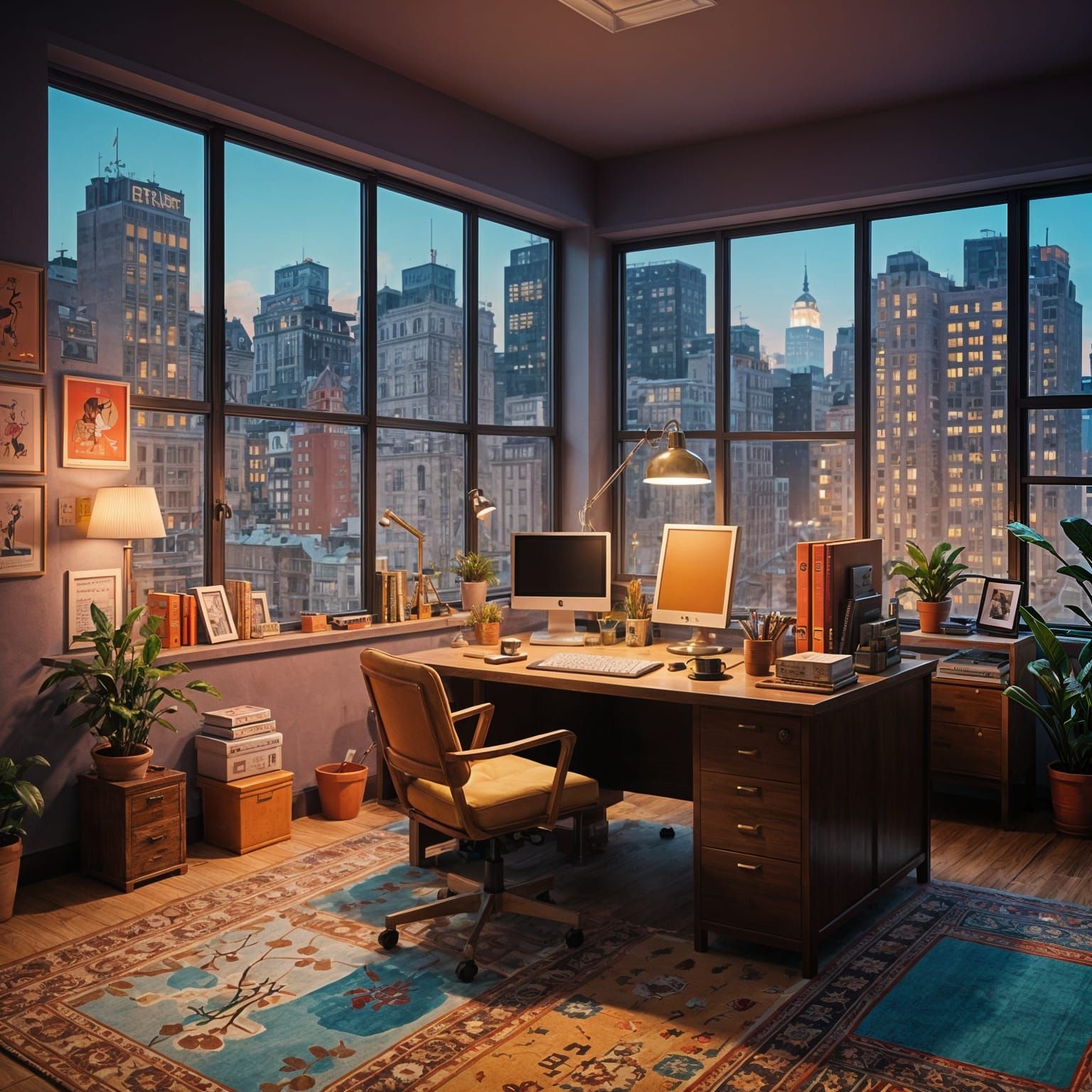 Whimsical Office Scene in Vibrant Colors and City View