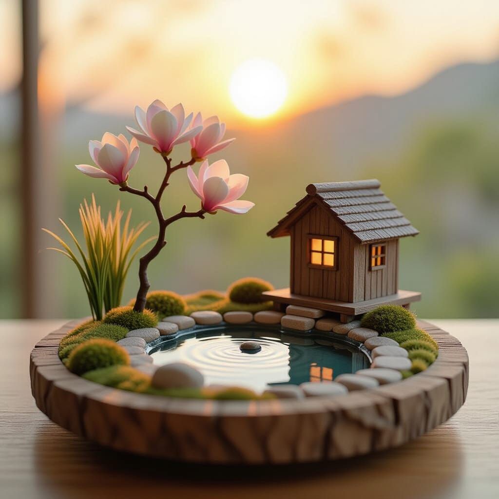 Miniature Garden Diorama at Sunrise in Japanese Style