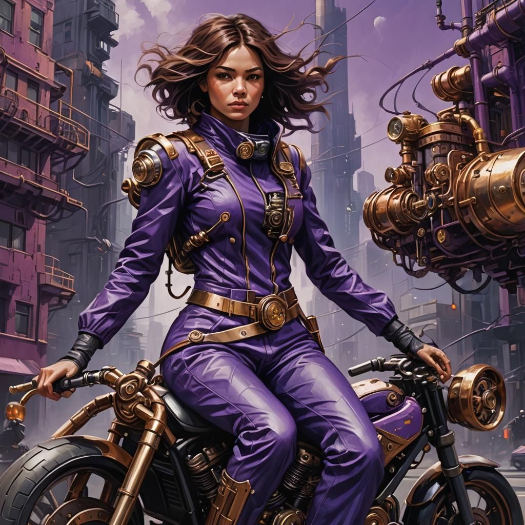 Sci-Fi Heroine on Flying Steampunk Motorcycle