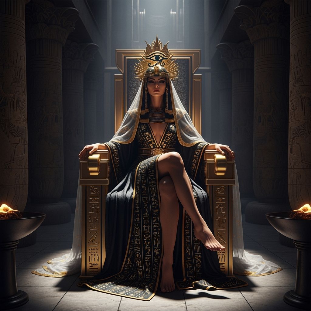 Egyptian Goddess on Golden Throne in Dark Temple
