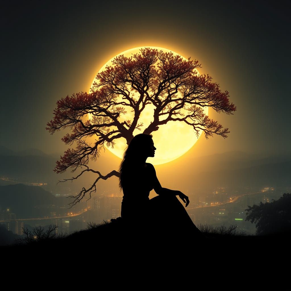 Silhouette Under Golden Moon in Maximalist Digital Painting
