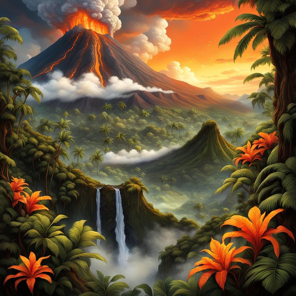 Volcano Erupting in Primeval Rainforest