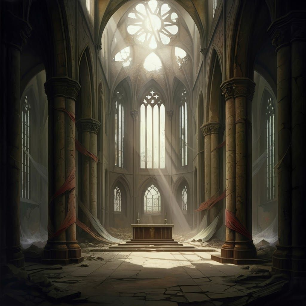 Eerie Cathedral Interior in Dark Surreal Style