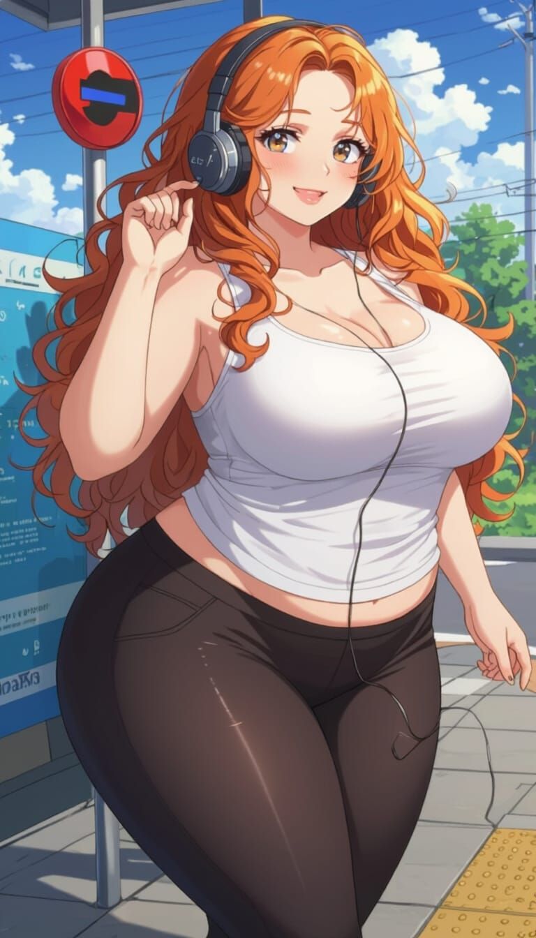 Ginger-Haired Woman at Bus Stop in Anime Style