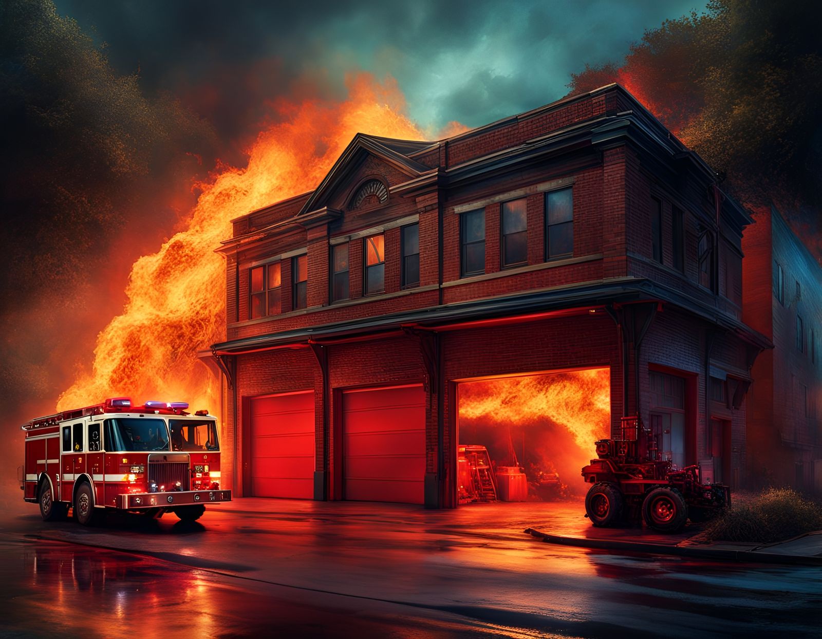 Fire Station Inferno: A Dystopian Digital Illustration