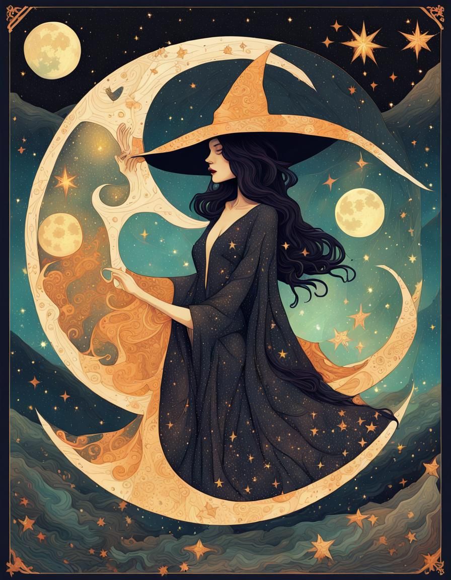 Whimsical Yin Yang Witch Tarot Card in Surreal Style