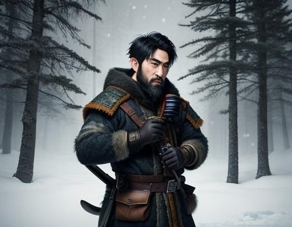 Hyperrealistic Elf Hunter in Winter Forest