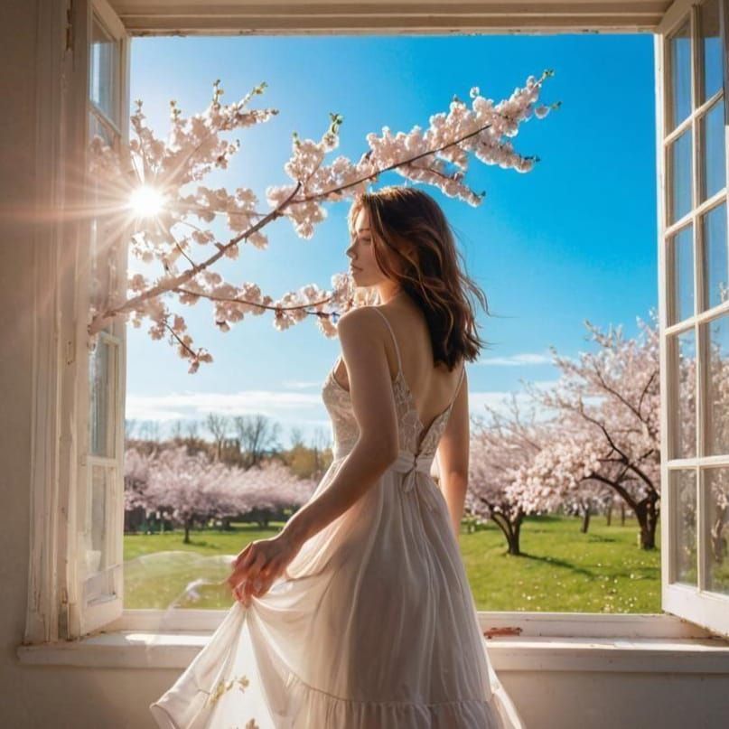Woman Gazing at Cherry Blossoms in Hyperrealistic Photo