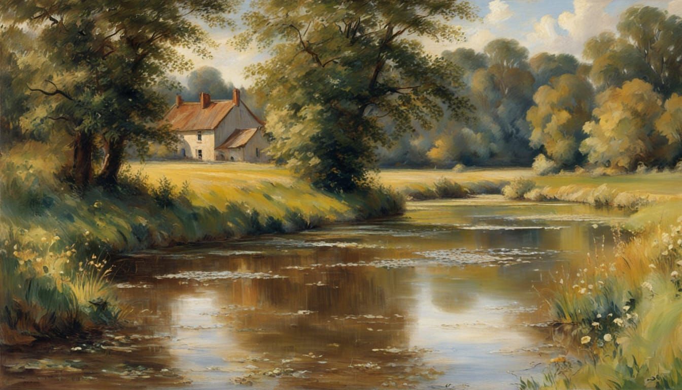 Golden Riverbank: An Impressionistic Countryside Landscape