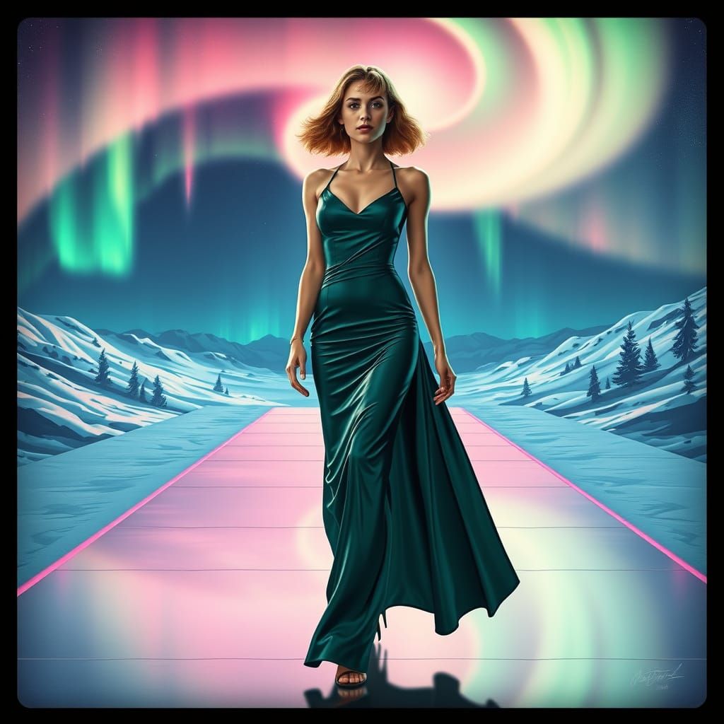 High Fashion Model on Runway with Northern Lights