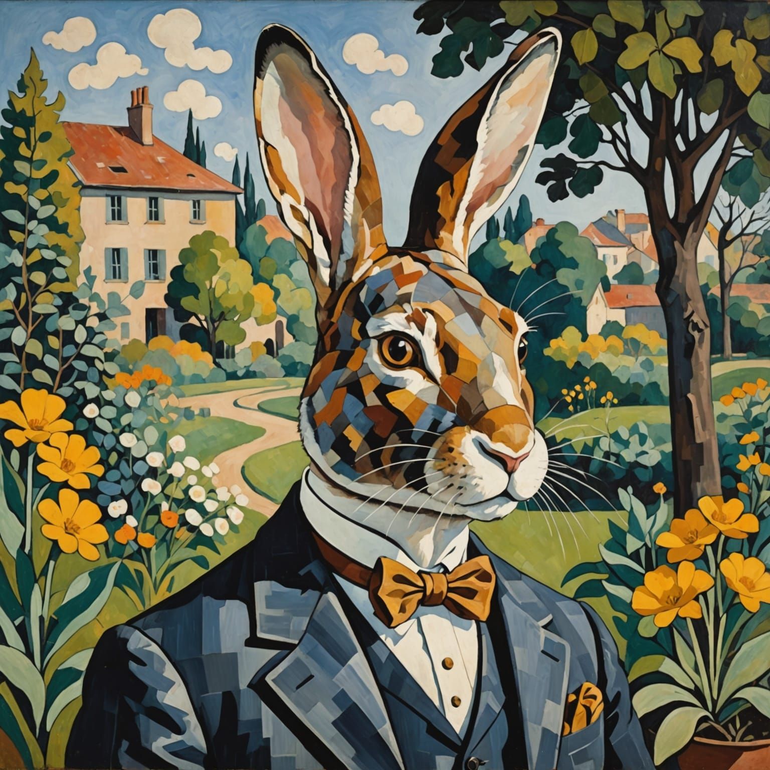 Cubist Rabbit Portrait in Garden