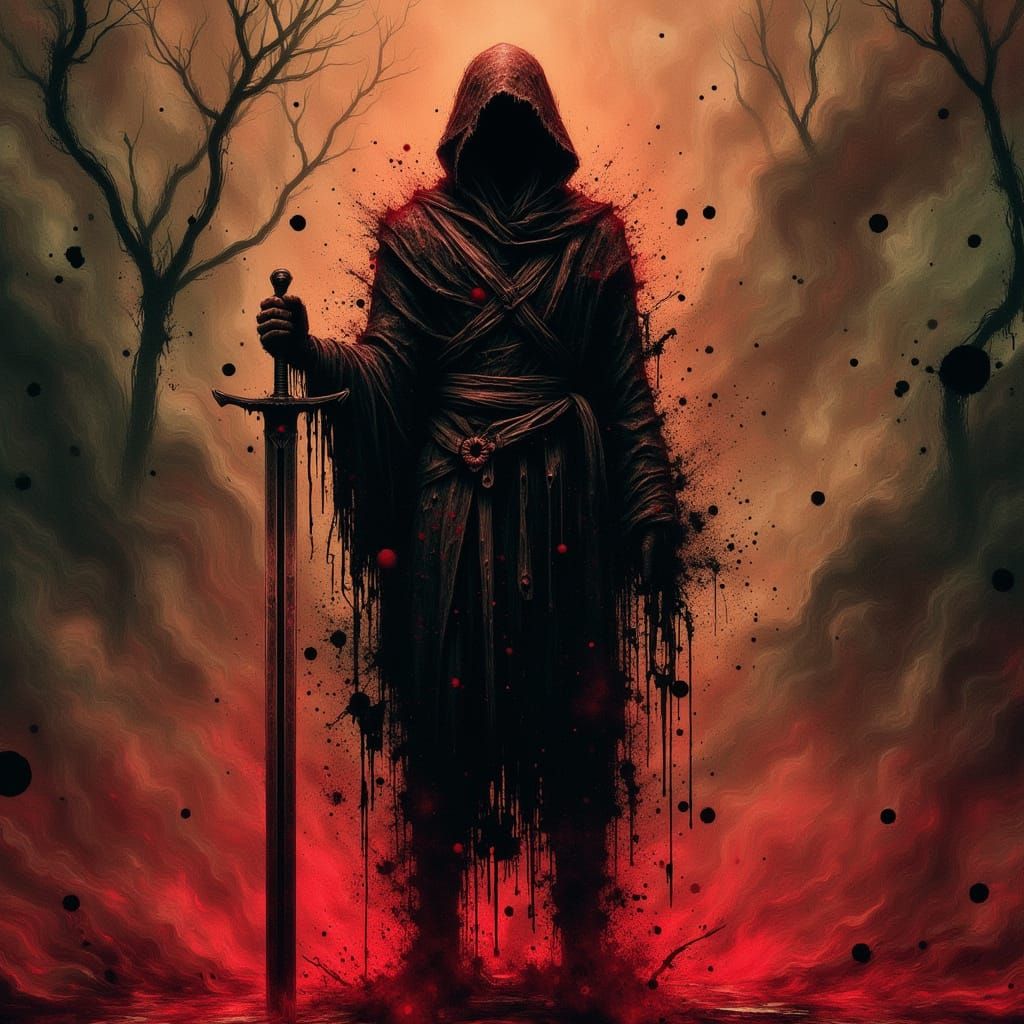 Mystic Fog Shrouds Dark Figure with Sword in Doré Style