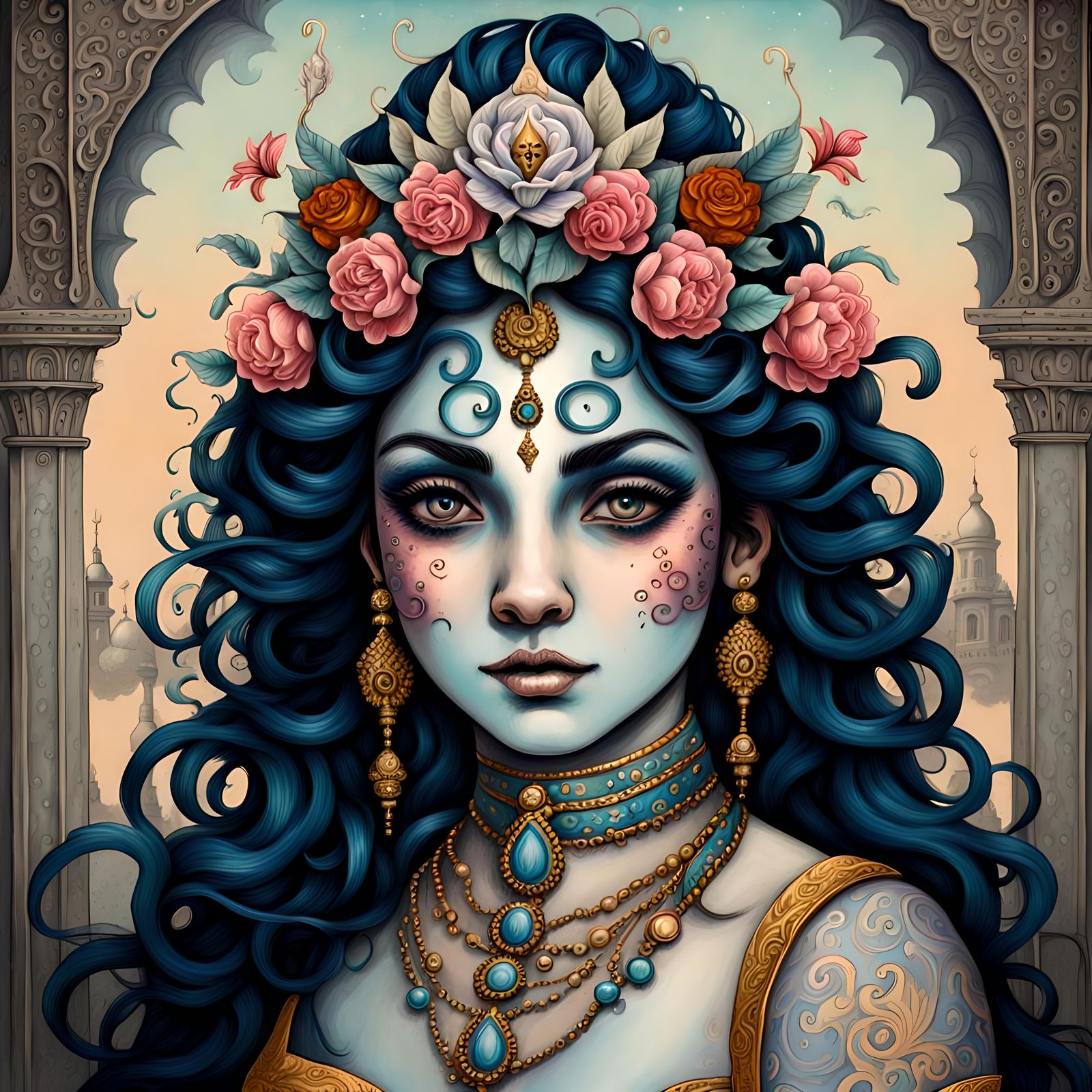 Portrait harlequin shiva, taj mahal, baroque, scumbling, fan...