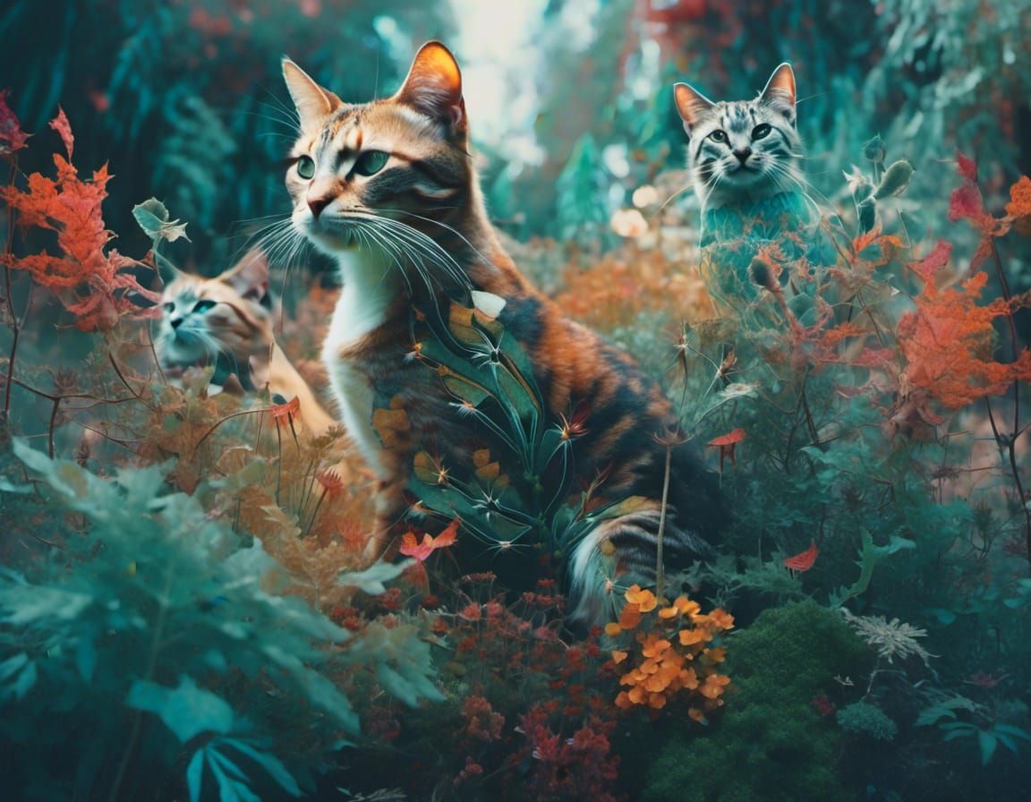 Symbiotic Cats Intertwined with Plants in Double Exposure