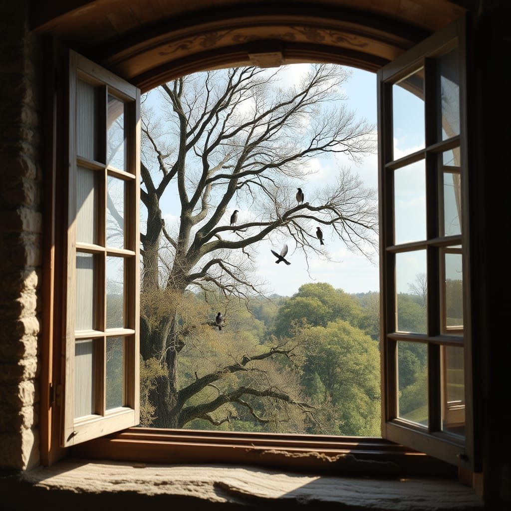 Medieval Manor House Window Scene with Magpies in Oak Tree