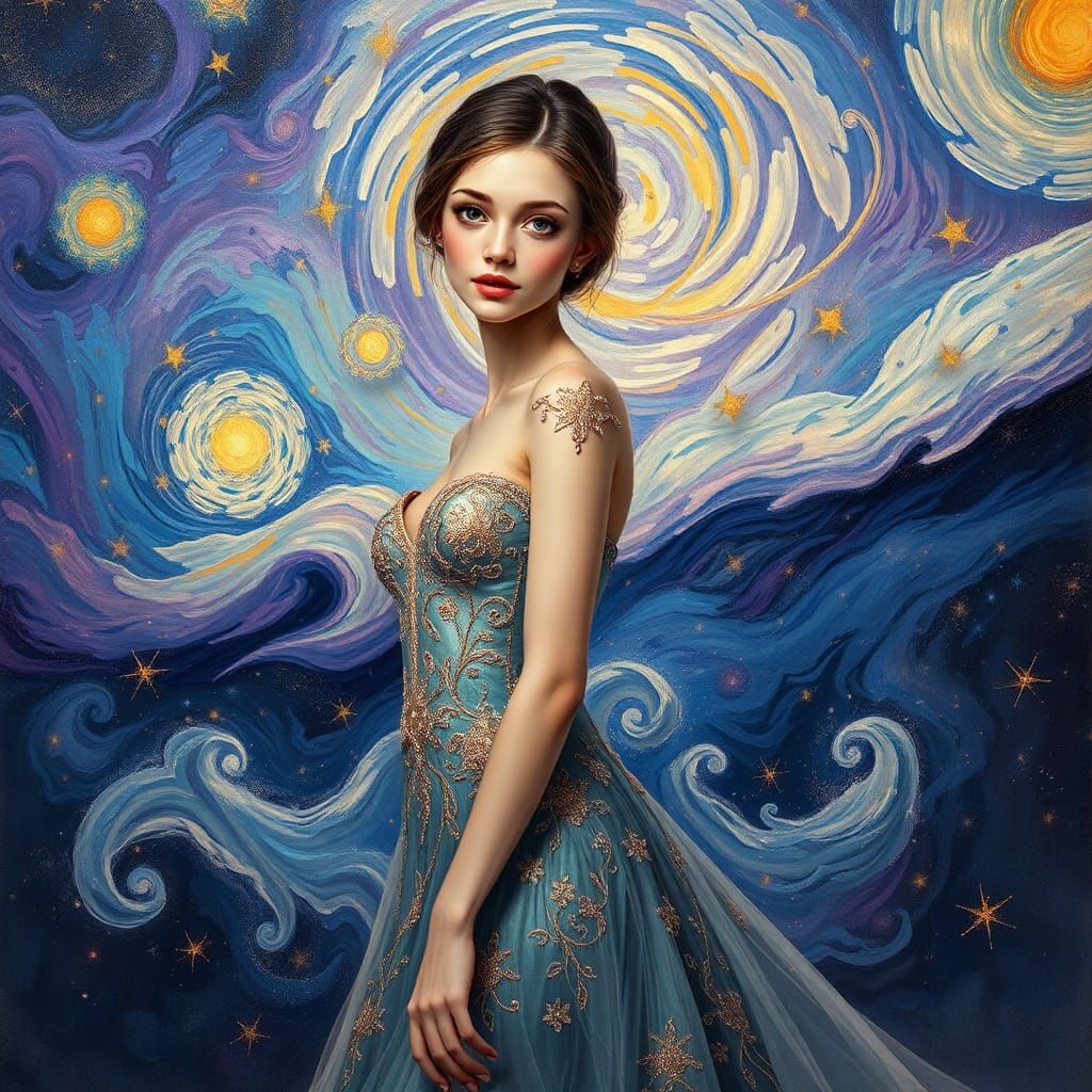 Galaxy Clone in High-Fashion Gown, Starry Night Style