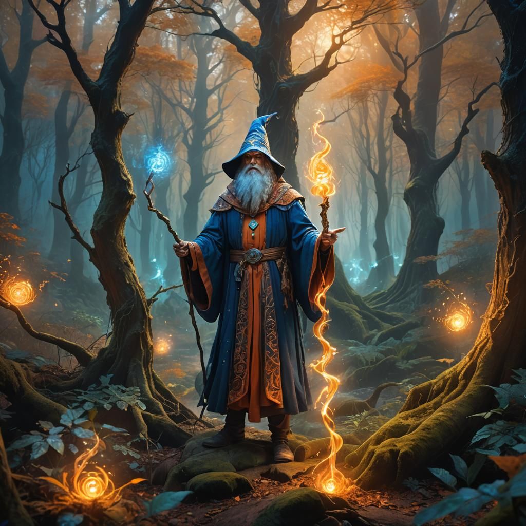 Enchanted Wizard in Whimsical Forest Landscape