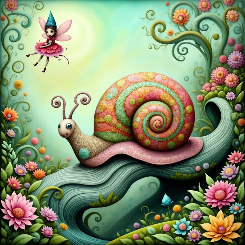 Whimsical Snail in a Vibrant, Mosaic Shell Scene
