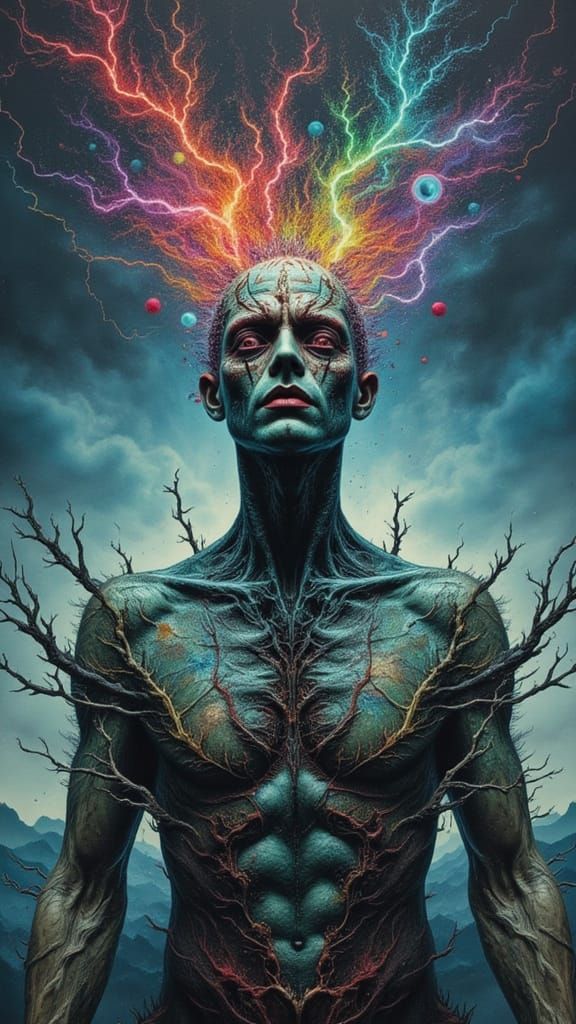 Fractal-Faced Man Summons Lightning on Misty Peak