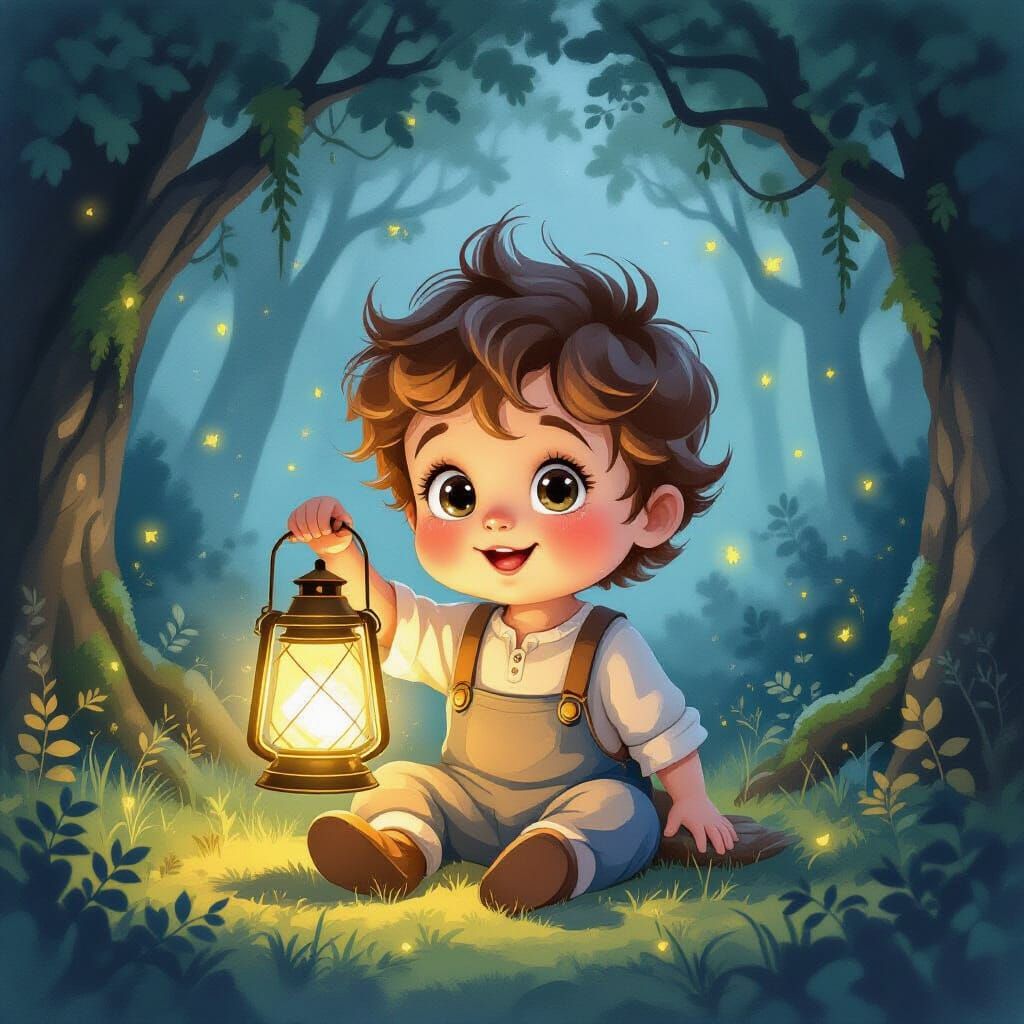 Whimsical Baby Boy Holding Ethereal Lantern in Enchanted For...