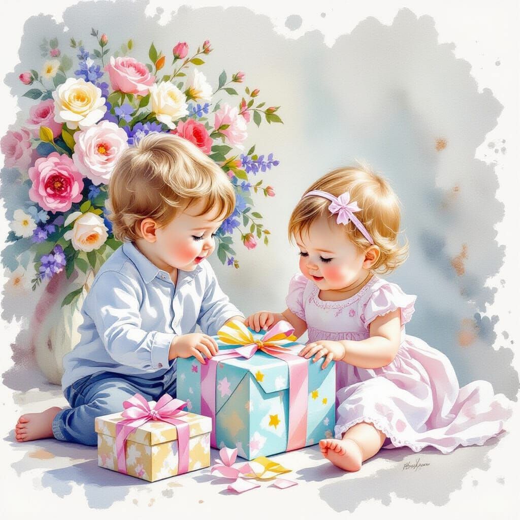 Baby Siblings Opening Presents in Soft Watercolour Style