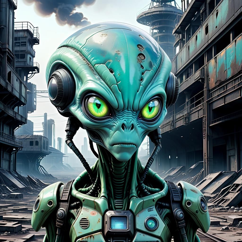 Anime Alien in Dystopian Sci-Fi Landscape