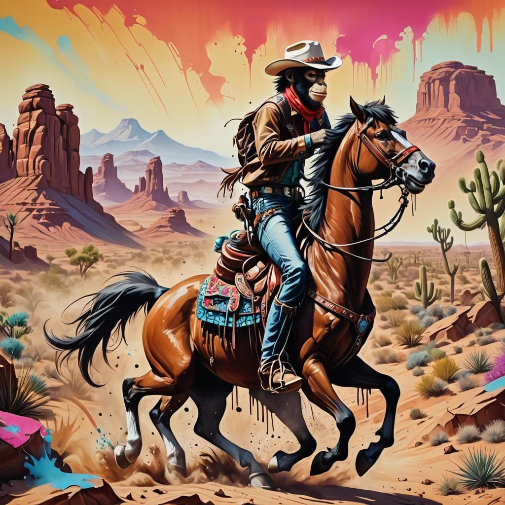 Monkey Cowboy Rides Horse, Graffiti Art Style