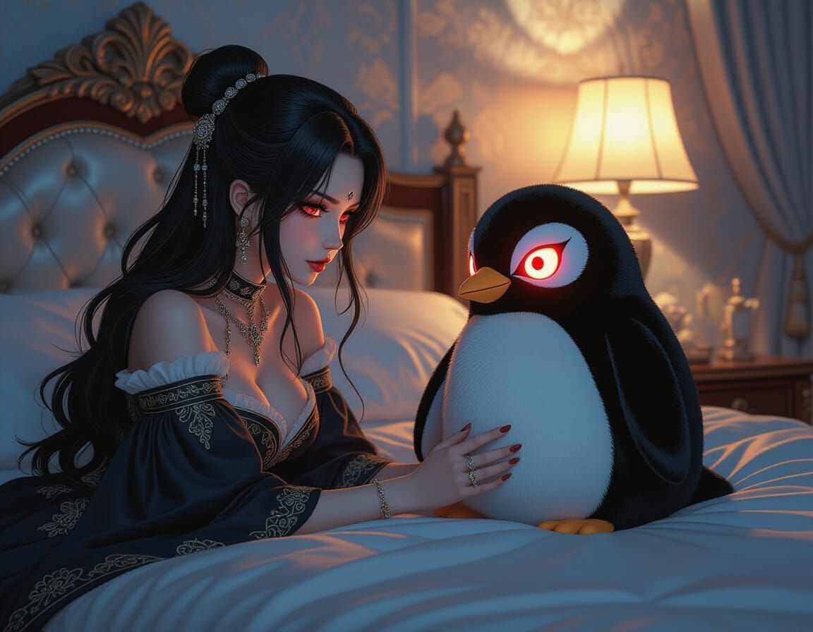 Woman Gazes at Demonic Penguin Toy in Dark Fantasy Style