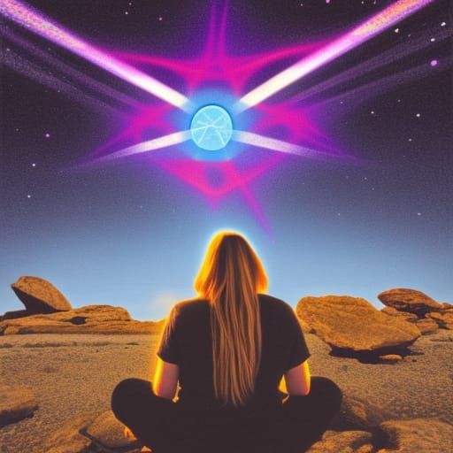 Woman Gazing at Starry Sky and UFO