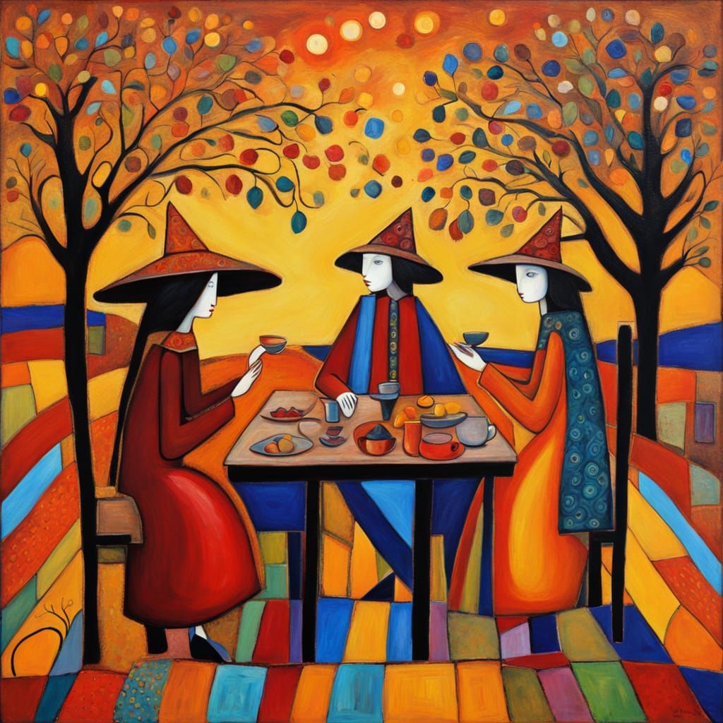 Vibrant Folk Art Scene of Teenage Witches Gathering