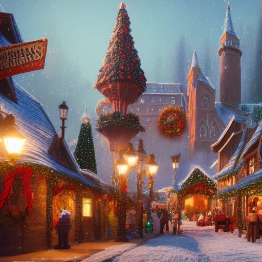 Fantastical Christmas Town in Detailed Matte Painting