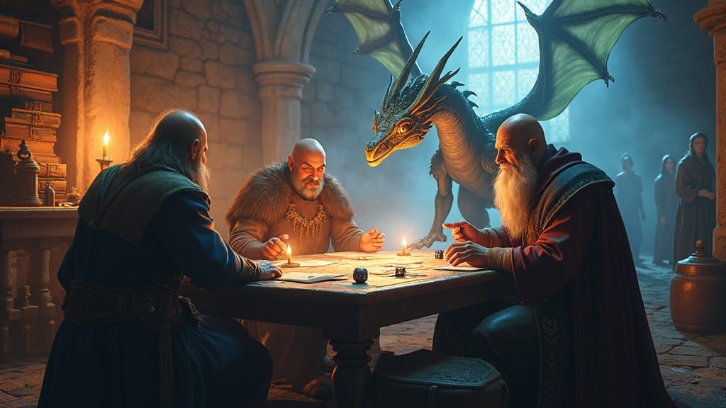 Fantasy Characters Engrossed in Mysterious Game Night