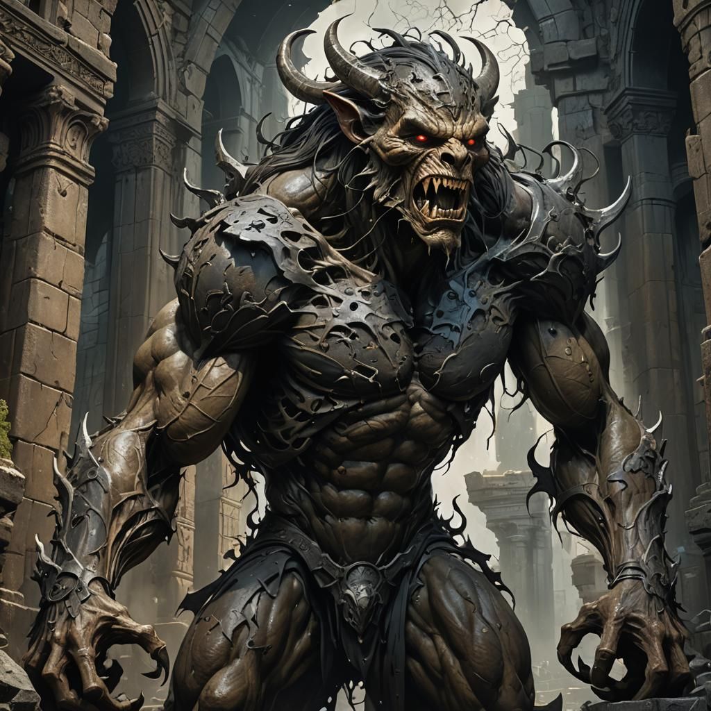 Grotesque Humanoid in Mystical Ruins: Dark Fantasy Art