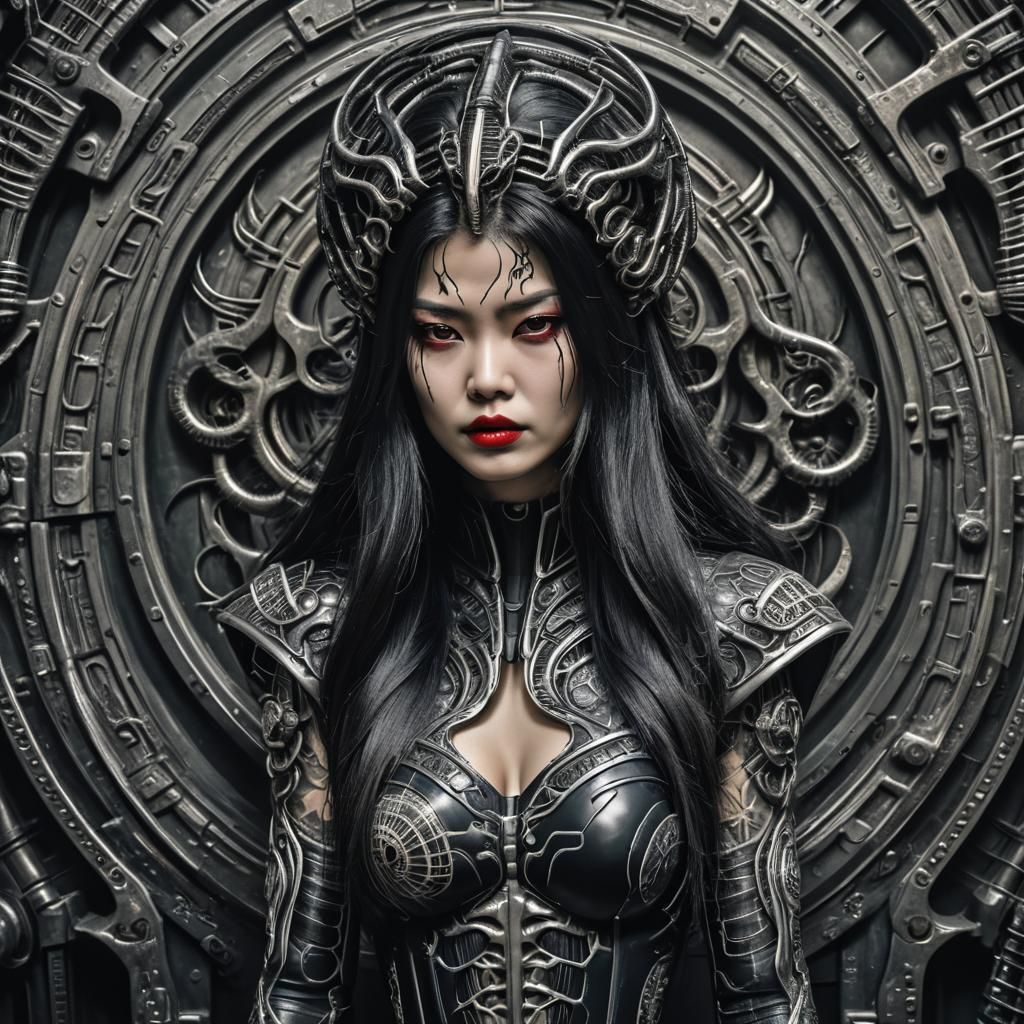 Japanese Woman with Yakuza Tattoo in HR Giger Style