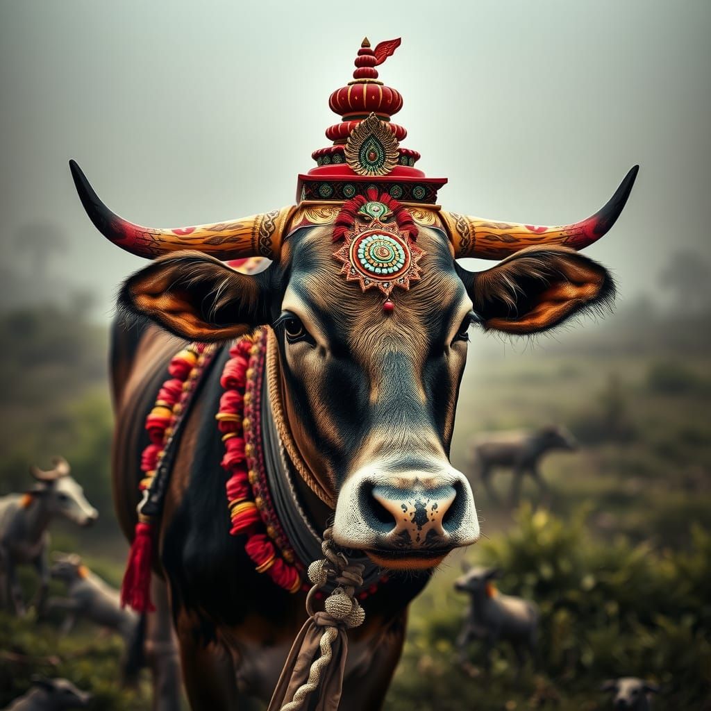 Majestic Indian Cow in Misty Landscape: HDR Photography