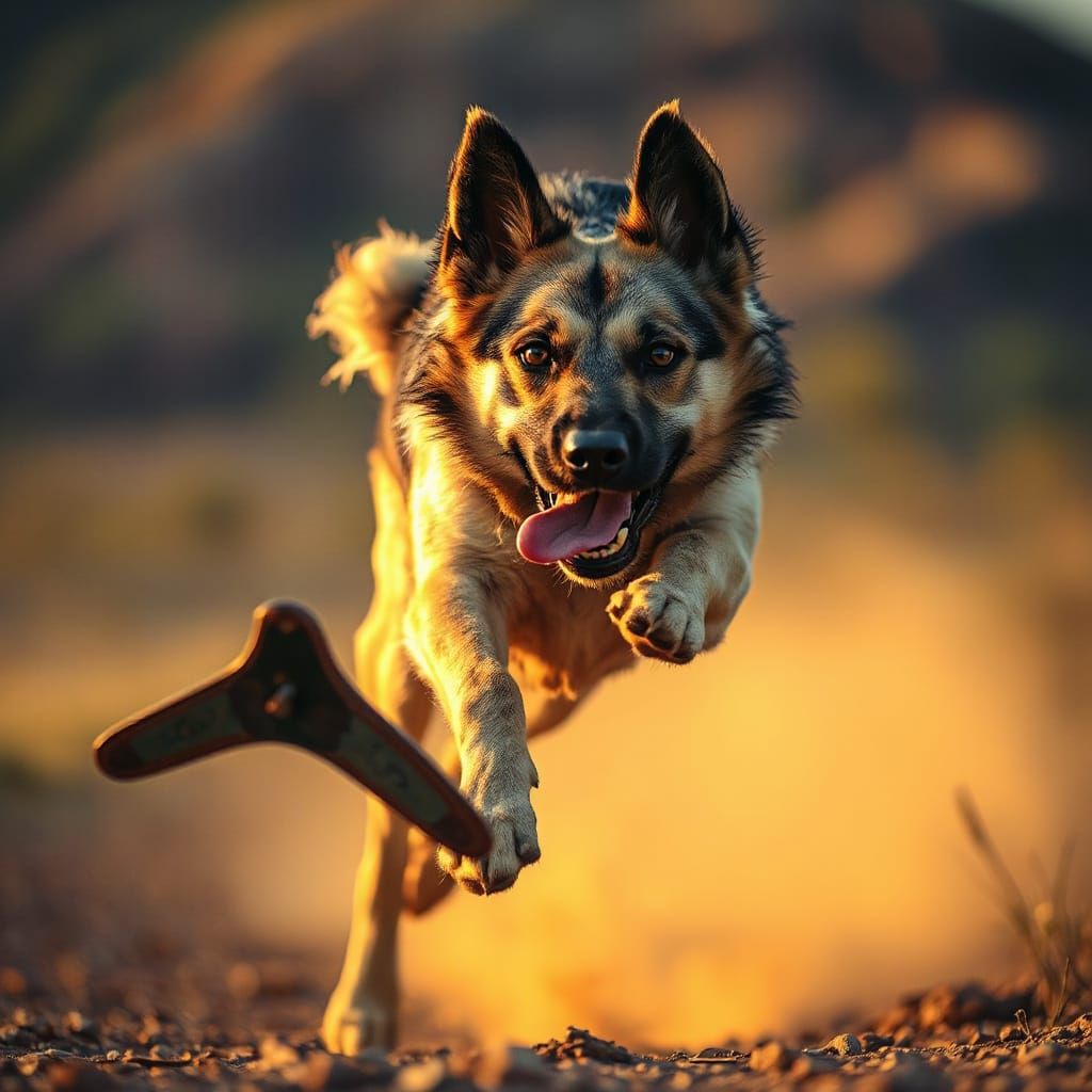 Golden-Hour Dog Chases a Spinning Boomerang in the Australia...