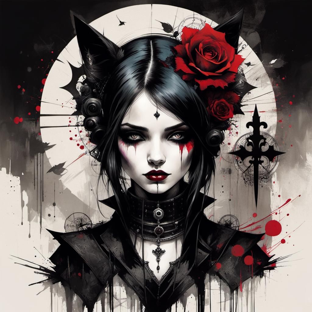 Gothic Girl in Whimsical Mixed Media Style