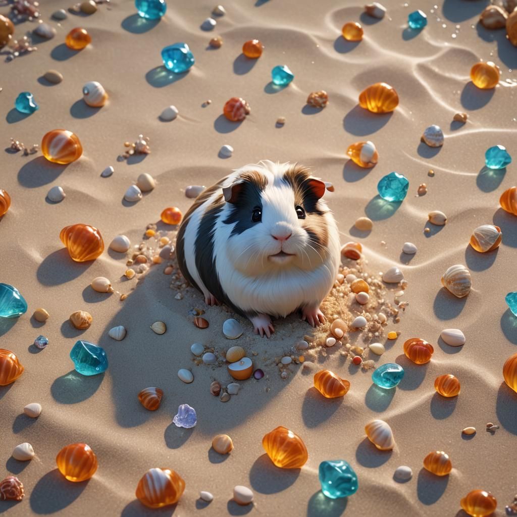 Cute Guinea Pig on Beach: 3D Digital Art