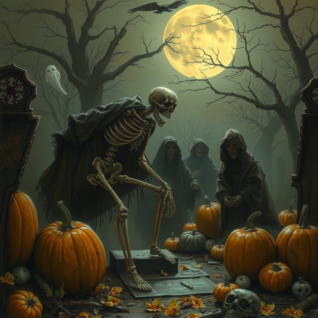 Creepy Graveyard Skeleton with Pumpkins and Ghosts