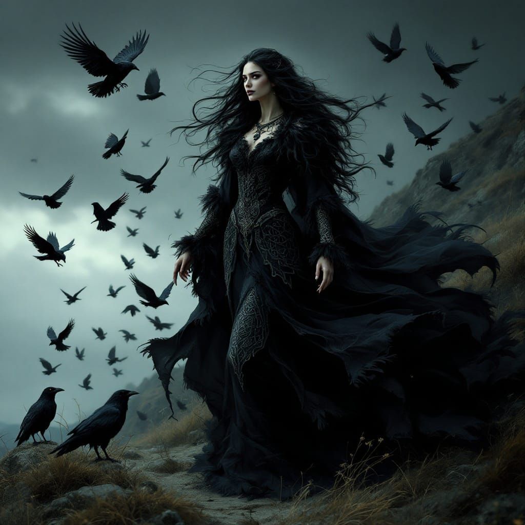 Regal Celtic Raven Goddess in Mystical Storm