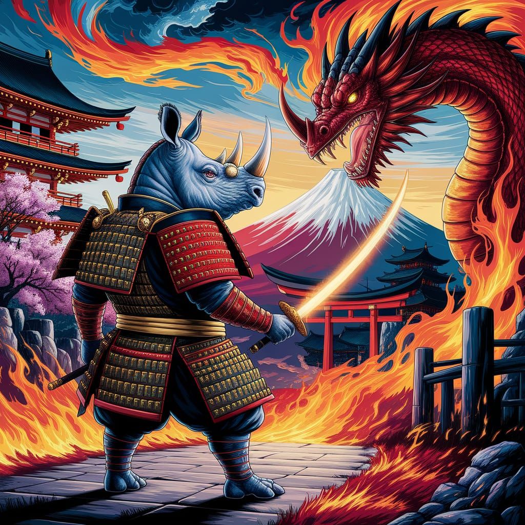 Epic Samurai Rhinoceros Battles Fiery Dragon in Traditional ...