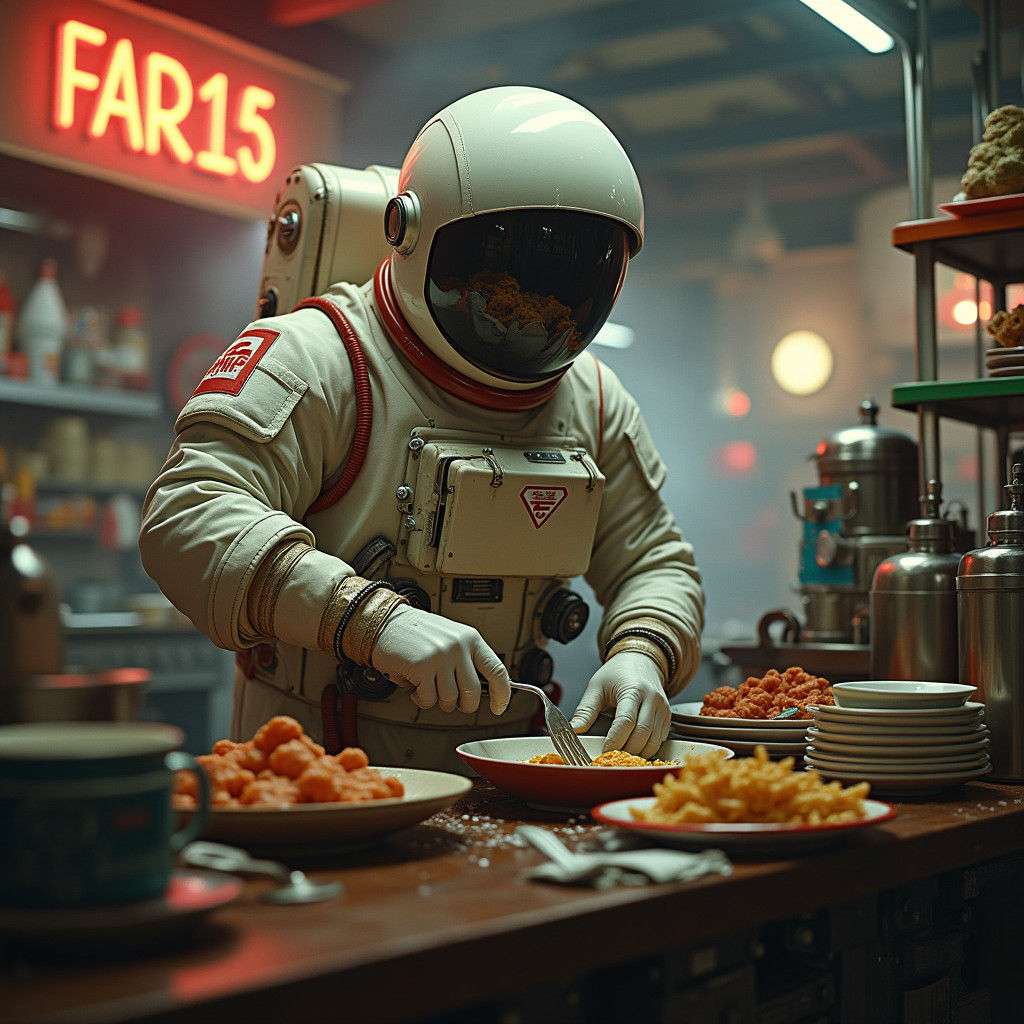 Astronaut Washing Dishes in Mutant Restaurant, Hyperrealisti...