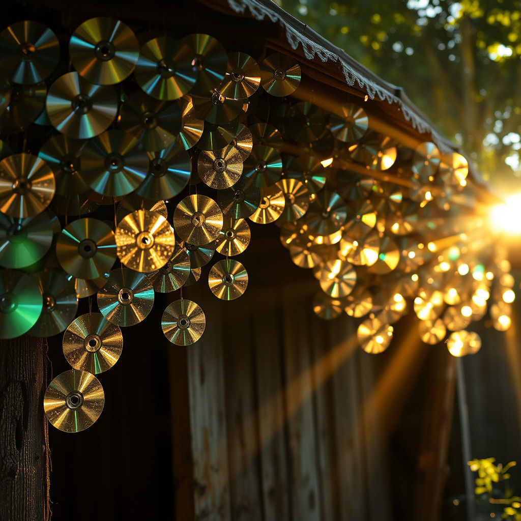 Dappled Sunlight on Garden Shed with CD Reflections