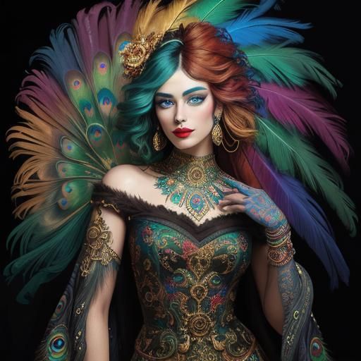 Colorful Abstract Portrait with Peacock Feathers